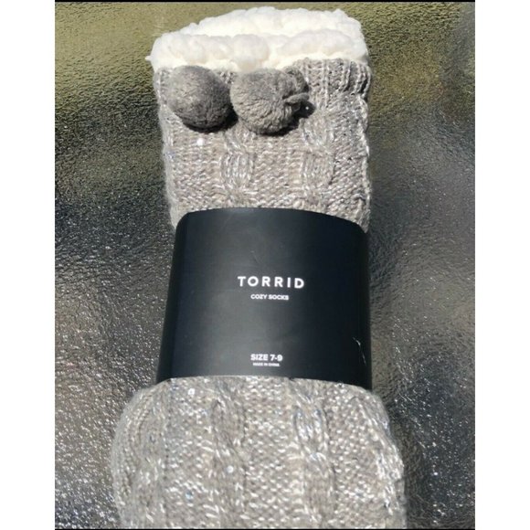 Torrid Slipper Socks Pom Fuzzy Fur Lining Sequins Gray Sweater Knit 7-9 - Picture 2 of 3